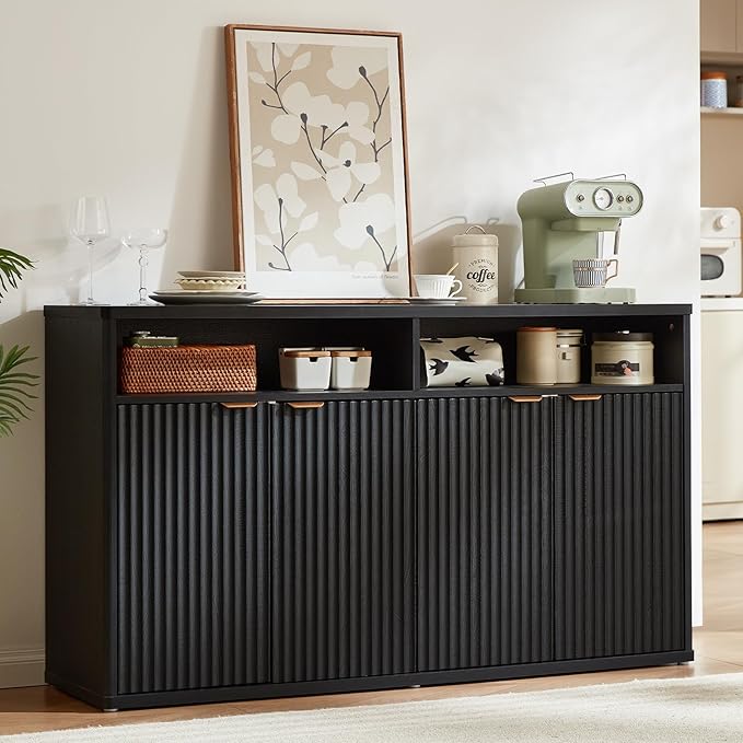 LEYAOYAO Fluted Buffet Cabinet with Storage, 55" Wide Wood Sideboard Credenza with 4 Doors & Open Storage Shelf, Modern Kitchen Console Accent Cabinets, Coffee Bar Table for Dining Room, Black Oak