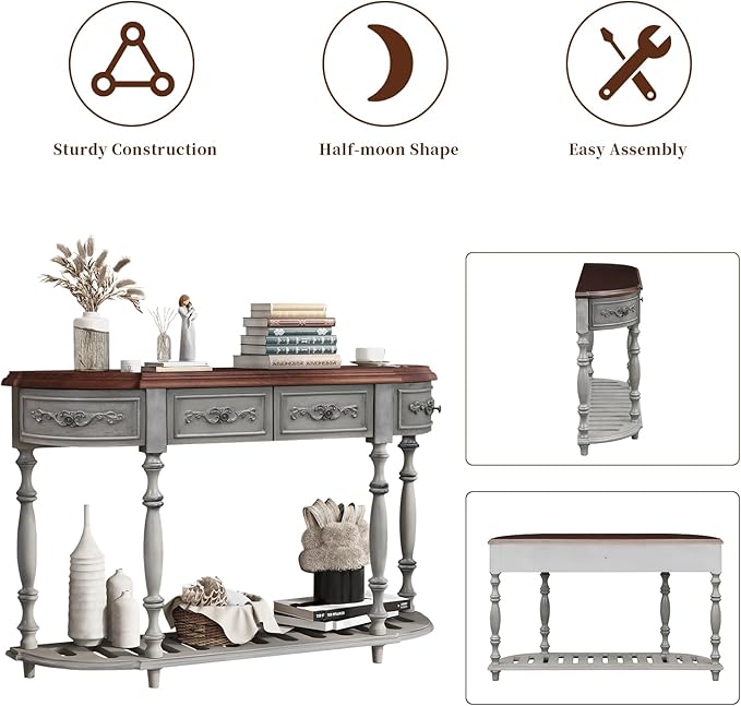 HMFULE Retro Curved Console Table, 52" Solid Wood Half Moon Sofa Table Entryway Table with 4 Drawers 1 Open Shelf for Living Room,Entryway,Hallway,Grey