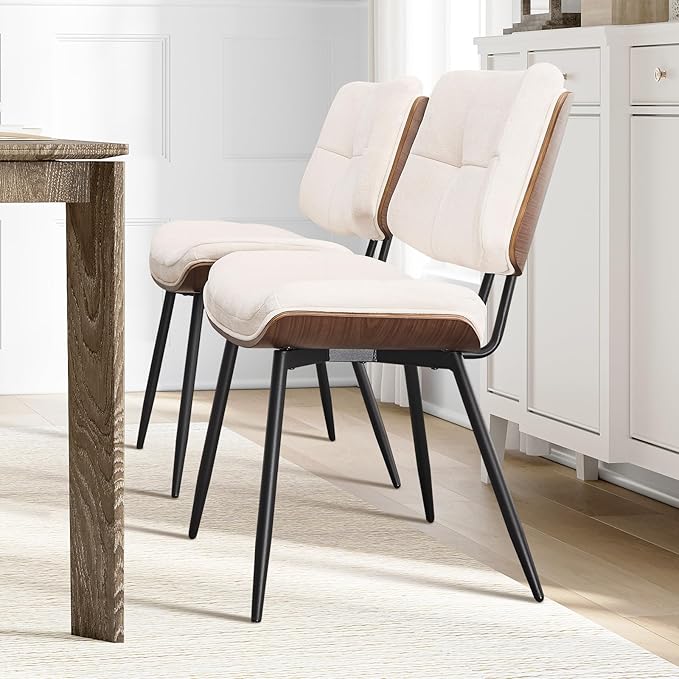 Dining Chairs Set of 4,Mid Century Modern Kitchen Chairs with Walnut Bentwood Back and Metal Legs,Upholstered Fabric Dining Room Chairs for Kitchen, Living Room,Beige
