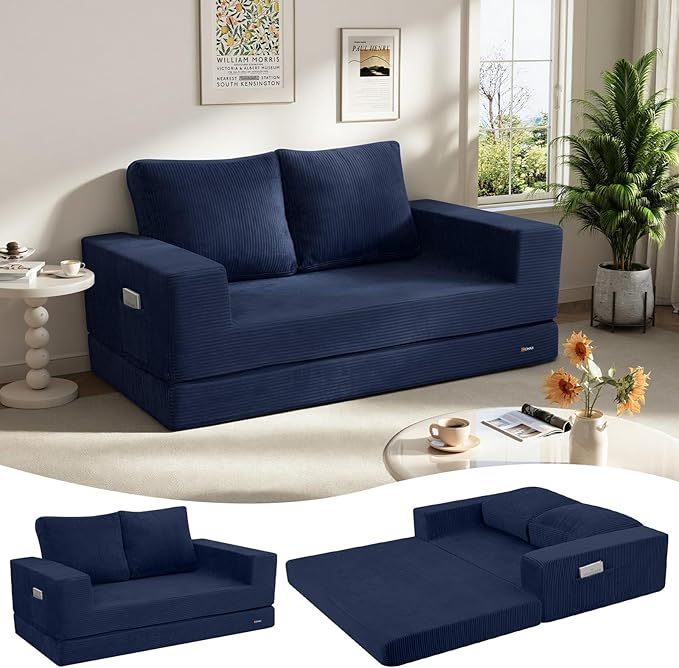 COMAX Convertible Sofa Bed Queen, Folding Fold Out Couch Bed, Floor Futon Couch Corduroy with Back Pillows, Boneless Sofa Comfy Lounge Sleeper Mattress Loveseat for Living Room Bedroom, Navy Blue