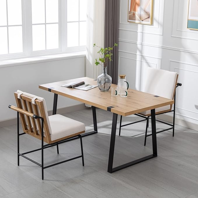 Modern Dining Chairs Set of 6, Comfy Linen Fabric Armless Side Chairs with Backrest Wooden Upholstered Seat Black Metal Legs for Dining Room Living Room, White