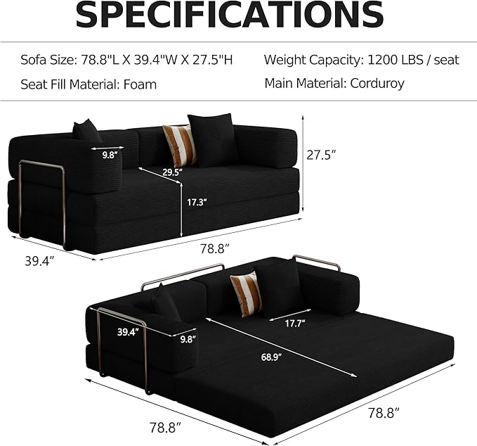 Compressed Sleeper sofa bed,Convertible Floor Boneless Couch-With Comfy Pillow,Modular Modern Corduroy Sofa for living room Bedroom Lounge Studio-With Fixed-shape Frame and support Armrest(Black)