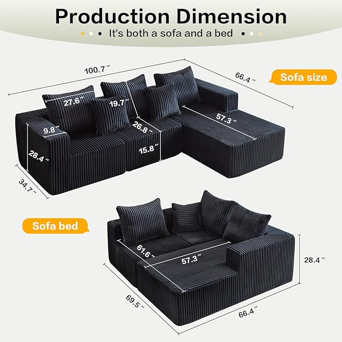 Boneless Sectional Sofa, 100.7" Cloud Couch with Wide-Wale Corduroy, Deep Seat L Shaped Couch, All-Foam Filled Compressed Sofa for Living Room (Black, Corduroy)