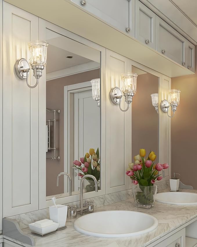 Bathroom Wall Sconces Brushed Nickel, HWH Modern Bathroom Vanity Wall Light Sconce Wall Lighting Set of 2, 1-Light Wall Sconce Bell-Shaped Fluted Glass, 5HZG106B-2 BN