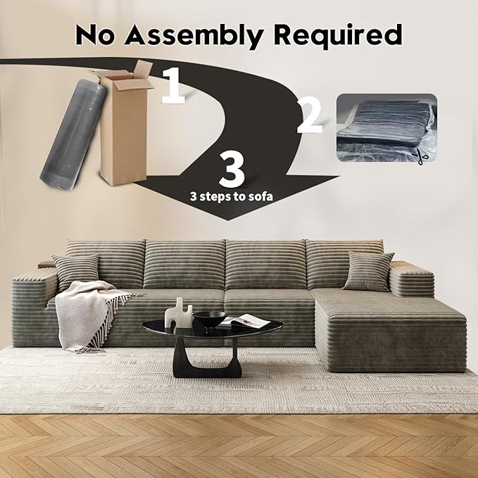 135.4" Cloud Modular Sectional Sofa Couch with L-Shape Chaise,Modern Minimalist Upholstered Couches for Living Room Bedroom,Deep Seat Corner Couch，No Assembly Required (Camel,Right Facing Chaise)