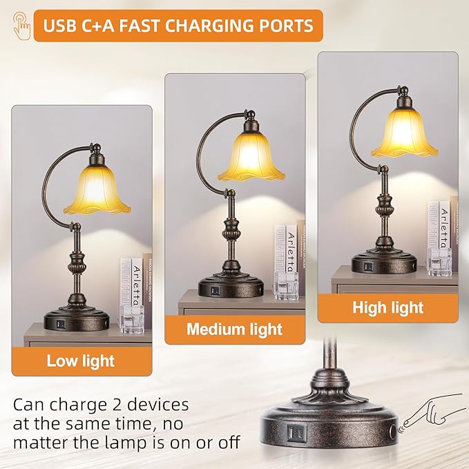 RORIA Touch Farmhouse Table Lamp for Living Room, 3-Way Dimmable Rustic Nightstand Lamp with USB A+C Ports, Vintage Retro Lamp for Bedroom End Table with Amber Glass Shade, LED Bulb Included (Bronze)
