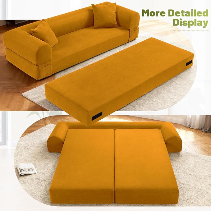 Convertible Futon Sofa Bed,80" Folding Pull Out Couch with Pillows & Storage Pocket, Oversized Queen Sleeper Sofa in a Box,Corduroy Boneless Couch for Living Room,Yellow