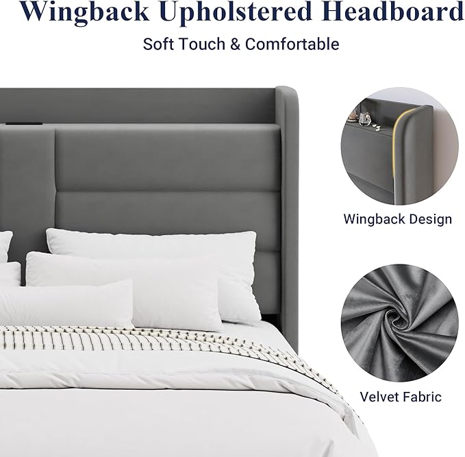 Allewie Full Size Platform Bed Frame with Charging Station & Storage Headboard, Upholstered Velvet Wingback Design & USB Port, Strong Wooden Slats Support, No Box Spring Needed, Easy Assembly, Grey