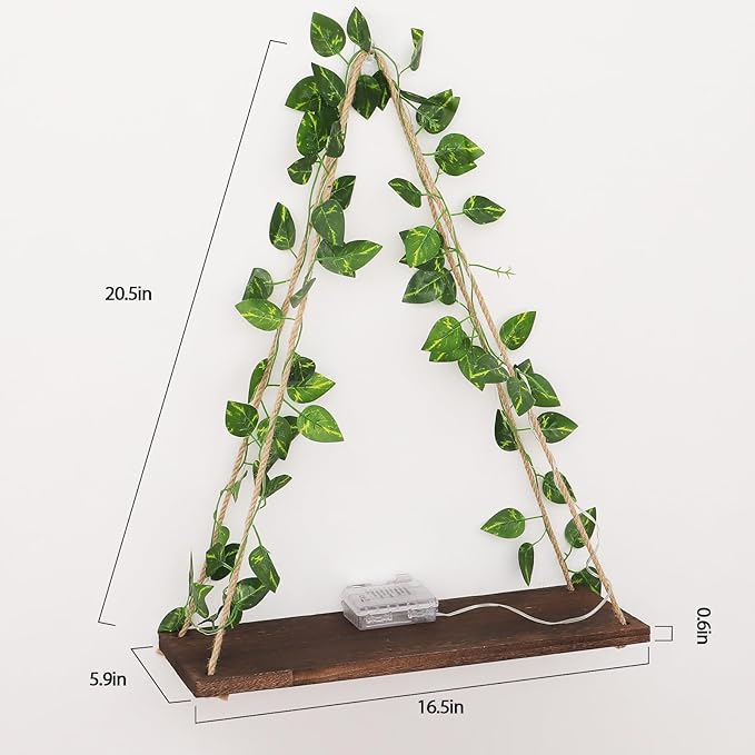 Floating Shelves for Wall, Hanging Shelves with Artificial Pothos LED String Light, No Drilling Hanging Shelf, Wood Hanging Plant Shelves for Wall Décor, Boho Decor, Art Bedroom, 2 Pack