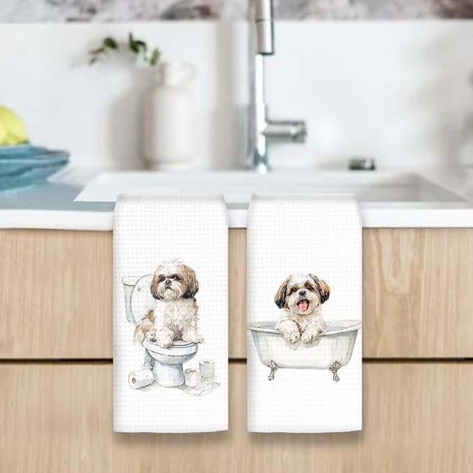 Funny Shih Tzu Dog Hand Towels Set of 2, Gifts for Shih Tzu Dog Owners Lovers, Cute Puppy Pet Decor for Bathroom, Funny Pet Lovers Gifts Toilet Hand Towels for Bathroom Washroom, 16x24In