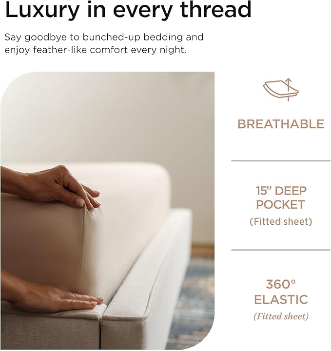 Threadmill 100% Cotton Sheets for Twin XL Size Bed - 600 Thread Count Twin XL Bed Sheets Set with 15” Deep Pocket - Sateen Weave 3-Piece Bedding Set with Cooling Effect, Beige