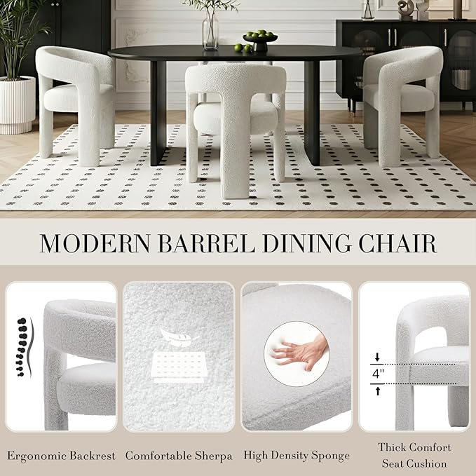 Modern Sherpa Dining Chairs Set of 5, Upholstered Barrel Chairs with Arms Comfy Accent Side Chairs for Living Room/Dining Room/Reception, White