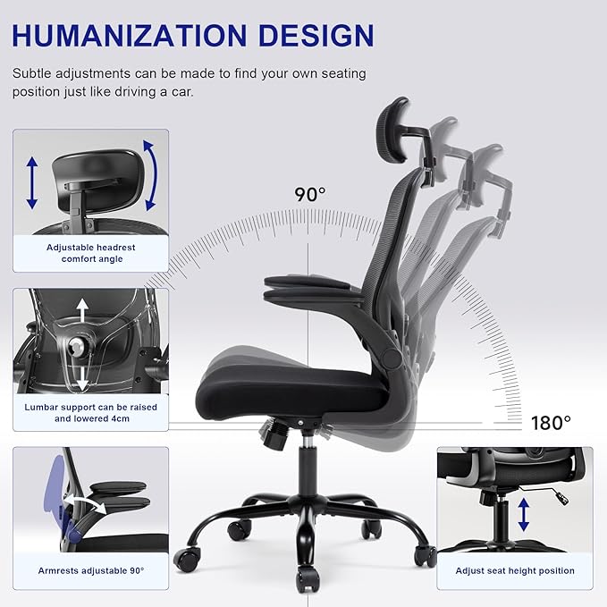 Ergonomic Office Chair - Adjustable Lumbar Support and Headrest, High Back Desk Chair with Flip-Up Arms for Home Office, 90-120° Tilt & Swivel Rolling Task Chair (Black)