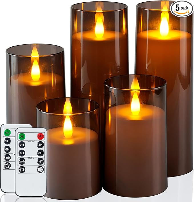 Homemory Realistic Flickering Flameless Candles, Battery Operated Candles, LED Fake Electric Candle with Remote Control and Timer for Home, Christmas Decoration, Grey, Set of 5