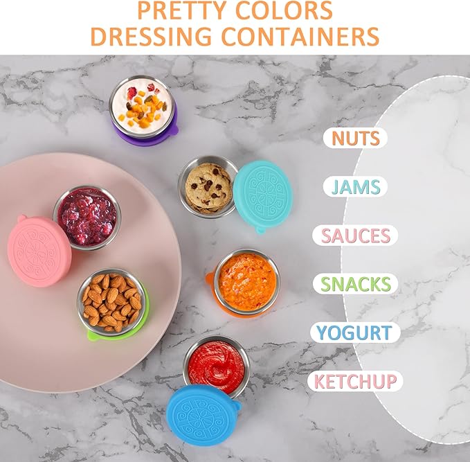 6 Pcs 304 Stainless Steel Condiment Containers With Silicone Sealing Lids, Reusable Snack Containers, Condiment Containers With Lids, Sauce Containers For Snacks, Dips, Travel And Outdoor Camping