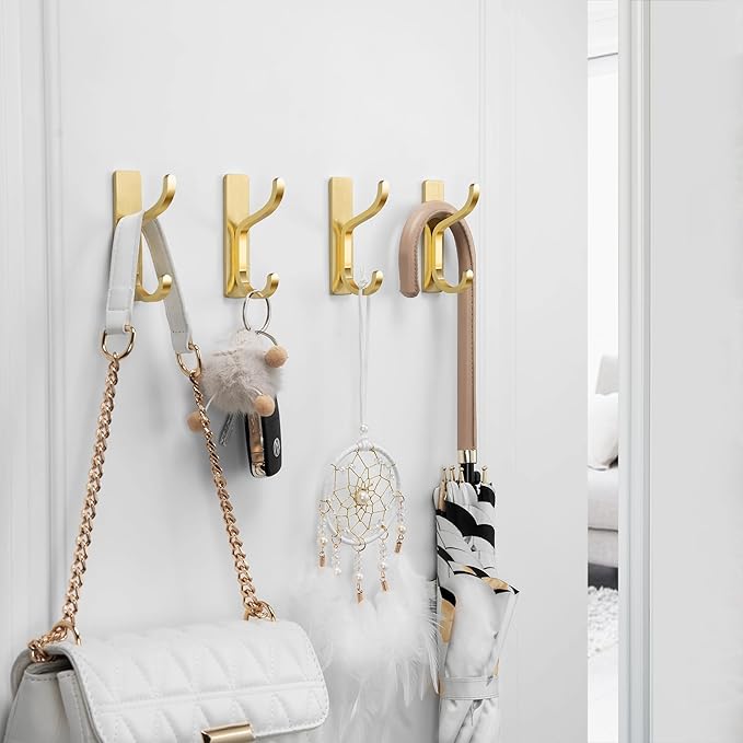 pickpiff Adhesive Wall Coat Hooks - Heavy Duty Stick-On Door Hanger, Metal Hook for Hanging Towel,Purse, Robe, Backpack, Jacket, Clothes - for Bathroom,Dorm, Closet, Kitchen - Gold, 6 Pack