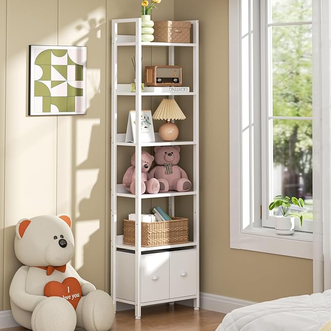 Furologee White 6 Tier Bookshelf with Drawers, Tall 71" Bookcase with Shelves, Modern Wood and Metal Bookshelves Storage Organizer, Display Free Standing Shelf Unit for Bedroom, Living Room, Office