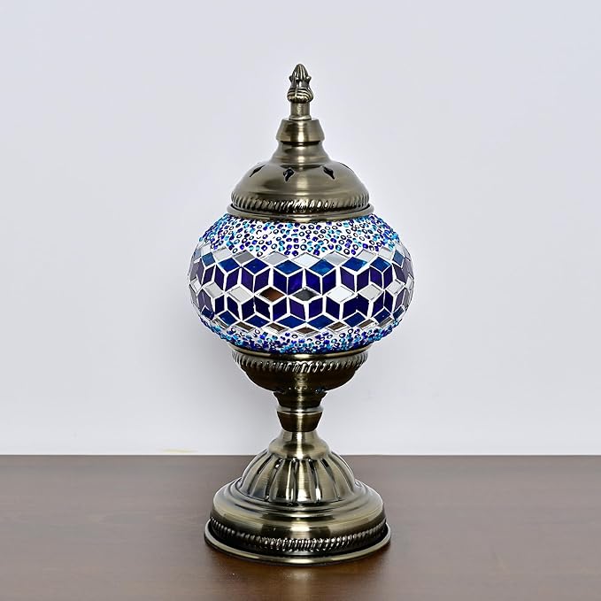 Turkish Moroccan Table Lamp Lantern with Handmade Mosaic Glass Lampshade Tiffany Style Bohemian Stained Glass Decorative Desk Lamps Bedside Night Lights for Bedroom (Multiple Blues)