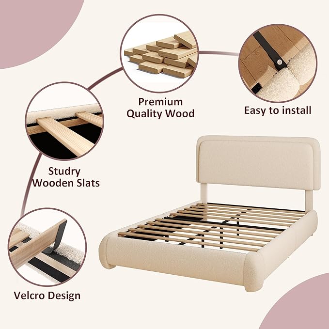 Full Boucle Platform Bed Frame with Height Adjustable Headboard, Modern Upholstered Cloud Bed, Sleek Curved Design, No Box Spring Needed, Easy Assembly, Noise Free, Beige