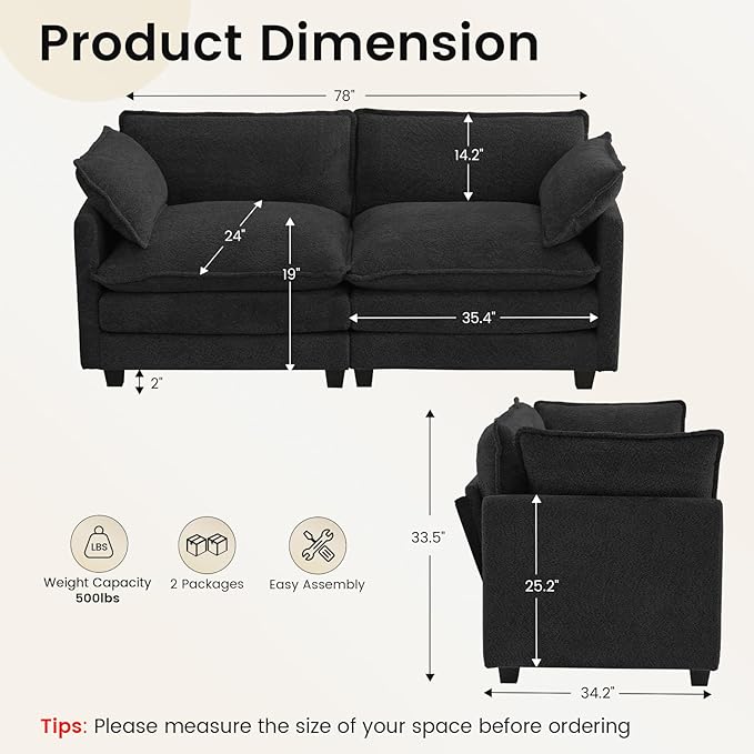 ROWHY Modular Loveseat Sectional Sofa, 78" Upholstered Loveseat, 2 Deep Seat Sofa Couch with 2 Throw Pillows for Small Space, Modern Comfy Cloud Couch for Living Room, Chenille, Black