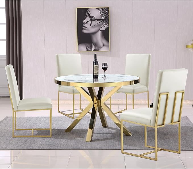 AUZ Dining Chairs, White and Gold Faux Leather Dining Chairs with Polished Stainless Steel Legs, Set of 2