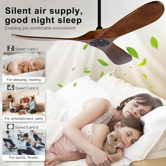 52 inch Ceiling Fan without Light, Quiet Reversible DC Motor Wood Ceiling Fan no Light, 3 Blades Modern Ceiling Fan with Remote Control for Outdoor Indoor Farmhouse Patios