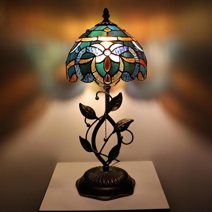 Small Tiffany Lamp Sea Blue Baroque Style Stained Glass Table Lamps Desk Bedside Reading Light 8X8X18 Inches with Bronze Metal Leaf Resin Base