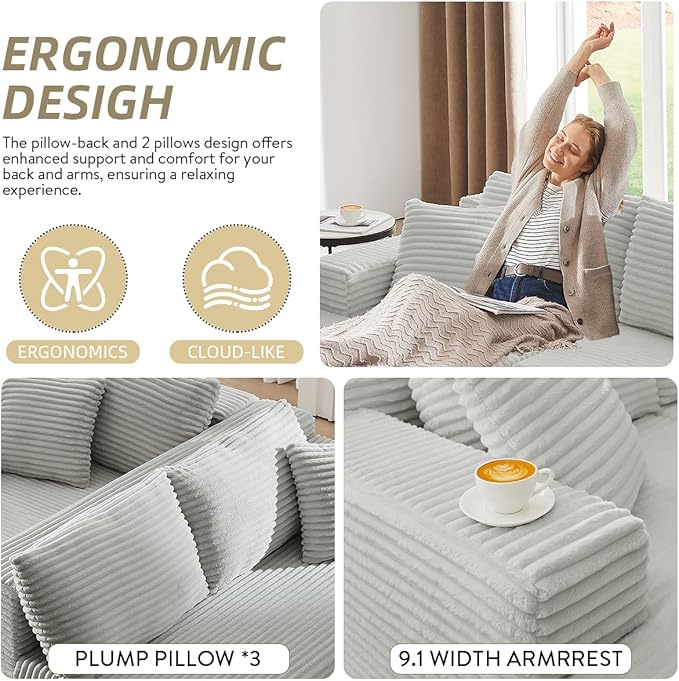 Modular Cloud Sectional Couch with L-Shape Chaise,Modern Upholstered Couches with Deep Seat,Corduroy Sponge Compressed Sofa for Living Room,No Assembly Required (Light Gray)