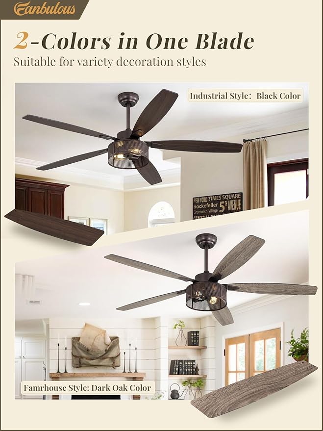 Fanbulous Farmhouse Ceiling Fans with Lights and Remote, 60 Inch Industrial Caged Ceiling Fans for Living Room Bedroom Kitchen, 6 Speed Reversible Quiet DC Motor, Dual Finish 5 Blades，Oil Bronze