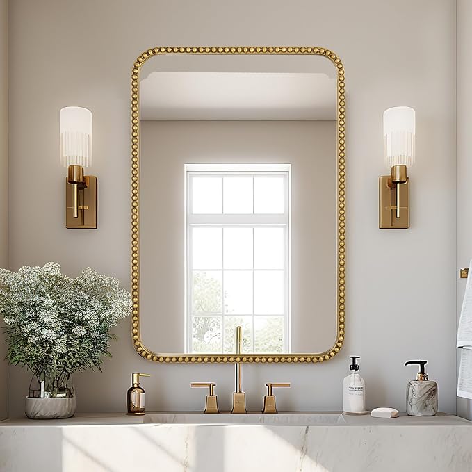 Wall Mirror for Bathroom - 20"x30" Rectangle Rounded Corner Beaded Frame Mirror, Large Vanity Mirror Hangs Horizontal or Vertical, Antique Gold