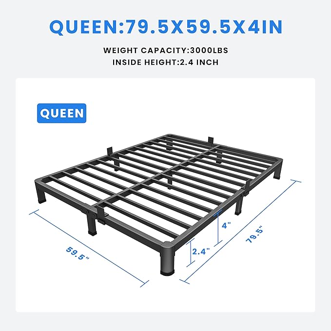 MAF 4 Inch Queen Metal Platform Bed Frame with Round Corner Legs, 3000 LBS Heavy Duty Steel Slats Support, Noise Free, No Box Spring Needed, Easy Assembly