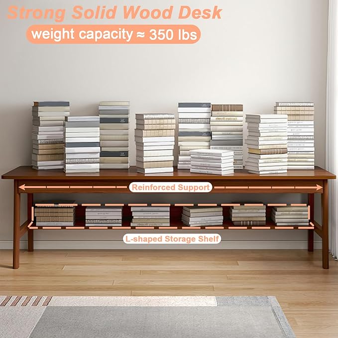 63" Long Solid Wood Desk Mid Century Modern Desk, Home Office Computer Desk, Simple Solid Wood Writing Desk Study Table Workstation, Walnut