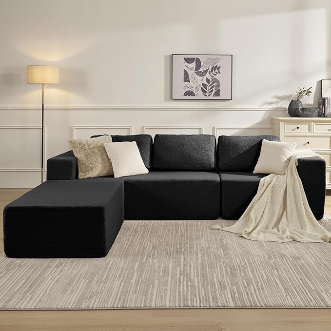 106" 3-Seater Sofa, Cloud Modular Sofa with Certified Foam, Upholstered Floor Sofa with Deep Seat, Upholstered Sofa for Bedroom Living Room, No Assembly Required (Black, Teddy Boucle)