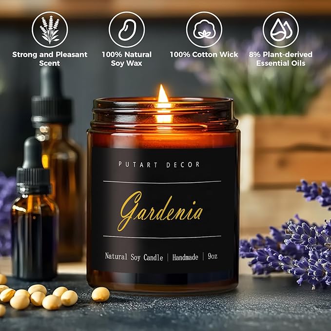 Gardenia Scented Candles for Home, 9oz Natural Soy Wax Aromatherapy Organic Santal Candle for Stress Relief, Long Burning & Lasting Jar Candle Gifts for Birthday, Housewarmings, Thanksgiving