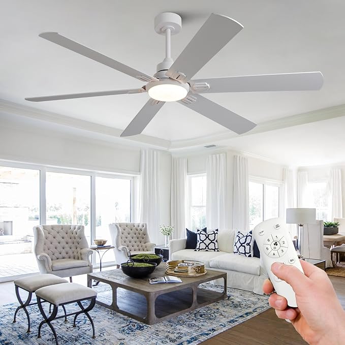 BOOMJOY 60 Inch Ceiling Fans with Lights and Remote,Outdoor/Indoor Ceiling Fan with Quiet Reversible DC Motor, 6 Blades White Ceiling Fan for Living Room Patio Bedroom