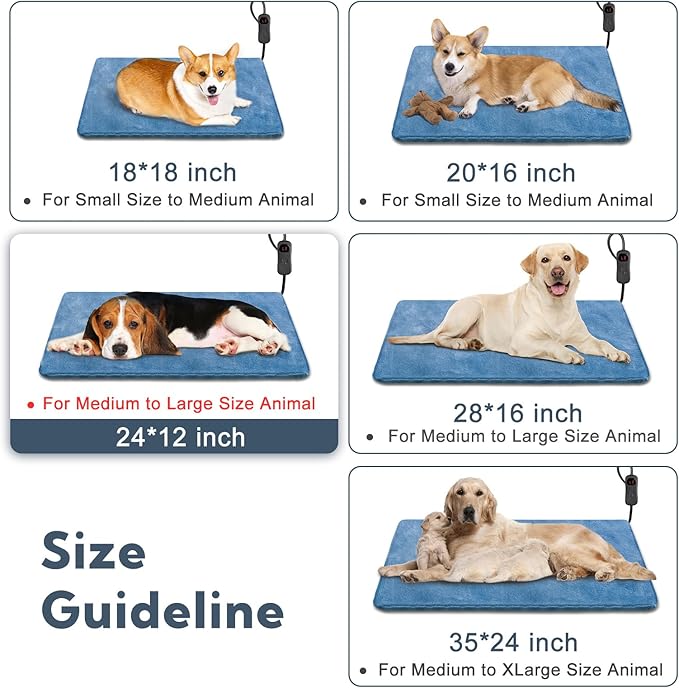 Electric Pet Heating Pad for Cats and Dogs,Adjustable Dog Cat Heating Pad with 6 Temp & 5 Timer,Waterproof,Chew Resistant Cord, for Kittens & Puppy 24 * 12in
