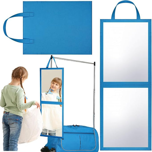 Foldable Portable Full Length Mirror for Dorm Dance Backstage Camping Travel Hanging Folding Makeup Body Mirror for Dancers Artists Home Aestheticians Spa(Blue,33.5" X 13.4")