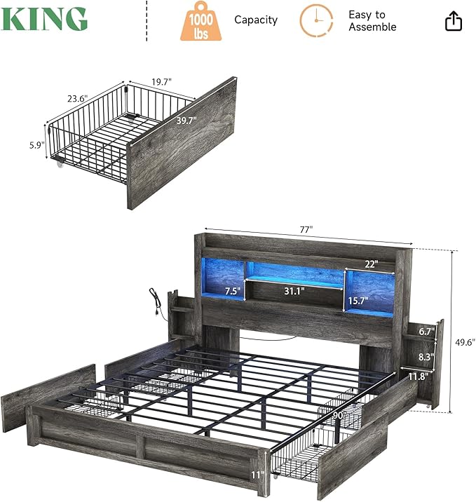 AMERLIFE King Size Bed Frame with 4 Storage Drawers, LED Bed Frame with 49“ Tall Bookcase Headboard, Wood Platform Bed with Charging Station & 2 Slide Bedside Shelf, No Box Spring Needed/Rustic Grey
