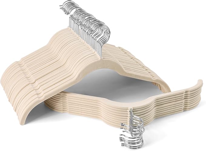 Premium Velvet Shirt Hangers 50 Pack, Non-Slip 360° Swivel Hook Slim Flocked Coat Hanger, Space Saving Felt Hanger for for Tank Top, Blouses, Strappy Dresses(Beige)