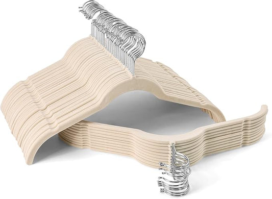 Premium Velvet Shirt Hangers 50 Pack, Non-Slip 360° Swivel Hook Slim Flocked Coat Hanger, Space Saving Felt Hanger for for Tank Top, Blouses, Strappy Dresses(Beige)