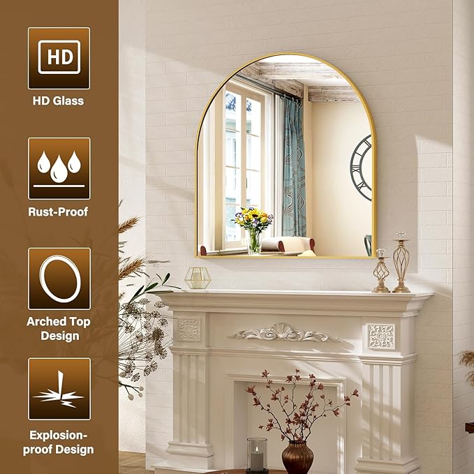 Arched Bathroom Mirror 32" x 34" for Bathroom Vanity Mirror or Wall Decor Gold Arch Mirror Aluminum Alloy Frame Wall Mounted Mirror for Living Room Bedroom Entryway
