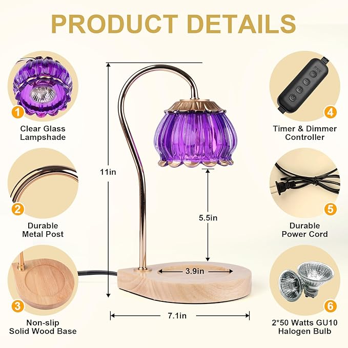 Candle Warmer Lamp with Timer, Dimmable Candle Warmer Lantern Light Gift Electric Fragrance Candle Holders for Warming House Warming Home Decoration Gifts for Women,Purple