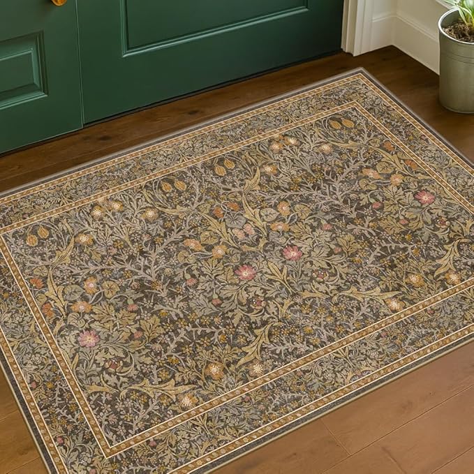 Brown Washable Entry Rug - Front Door Throw Rugs Indoor, Non-Slip Bathroom Small Rugs, Vintage Floral Thin Rug for Kitchen, Boho Earthy Entryway Décor (2x3 Gold Brown)