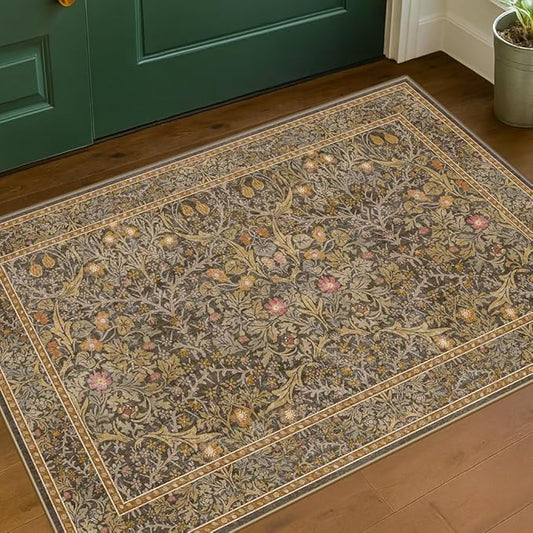 Brown Washable Entry Rug - Front Door Throw Rugs Indoor, Non-Slip Bathroom Small Rugs, Vintage Floral Thin Rug for Kitchen, Boho Earthy Entryway Décor (2x3 Gold Brown)