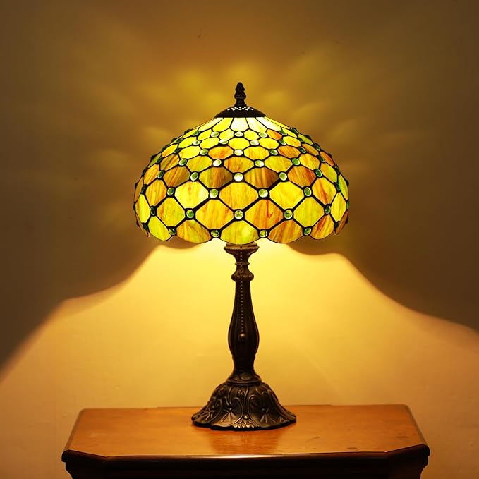 Tiffany Lamps Brownish Green Beads Style Stained Glass Table Lamp Desk Bedside Reading Light 12X12X18.5 Inches with Bronze Resin Base Applicable to Bedroom Living Room Office