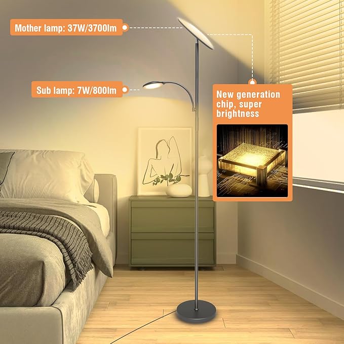 Gray Floor Lamps for Living Room, 44W/4500LM Super Bright 2 in 1 LED Floor Lamp with Remote, Stepless Dimmable, 69" Tall Standing Floor Lamp with Bendable Reading Light for Bedroom Office