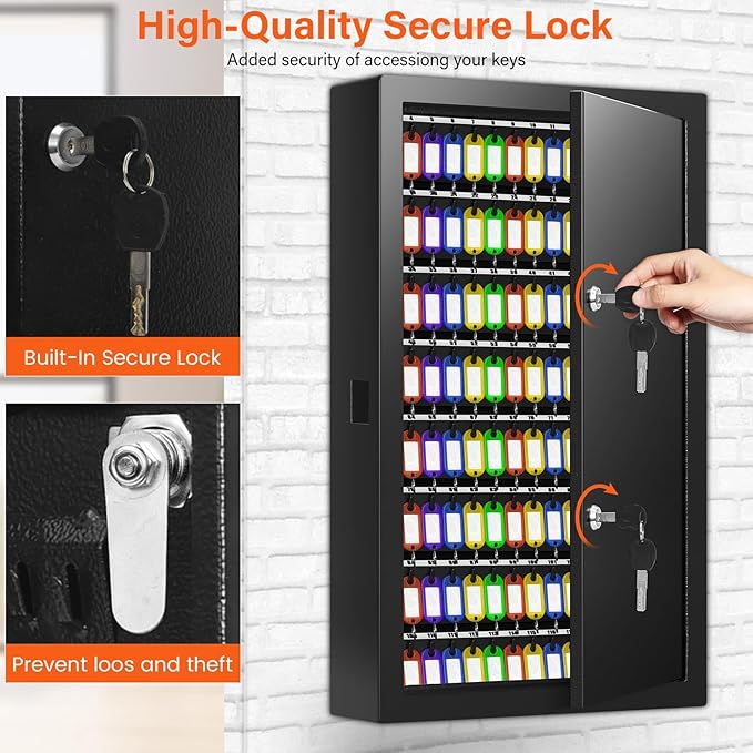 200 Keys Dual Lock Key Cabinet, Anti-Theft Key Lock Box with Key Tags, Adjustable Key Organizer Wall Safe for Car Office House Garage Rental Business