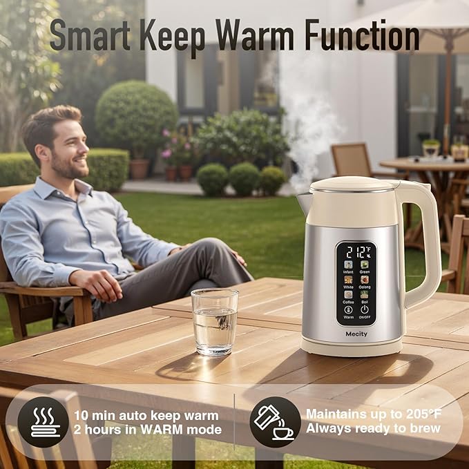 Mecity Electric Kettle 1.7L Touch Screen Temperature Control Water Boiler, No Plastic Contact with Water. 6 Presets For Tea and Coffee, 2 Hours Keep Warm, Cream & Stainless Steel Color