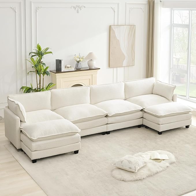 ROWHY Oversized Modular Sectional Couch with 2 Movable Ottoman, 148" Modern Convertible U Shaped Sofa Set, 4 Seat Comfy Cloud Couch with 2 Throw Pillows, for Living Room and Office, Chenille, Beige