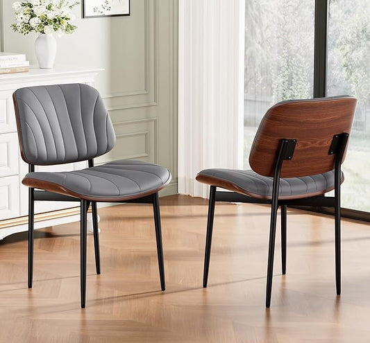 Dining Chairs Set of 2, Mid-Century Modern Upholstered PU Leather Chairs with Walnut Back and Metal Legs Adjustable Feet for Kitchen Dining Room, Dark Gray Shell Strips